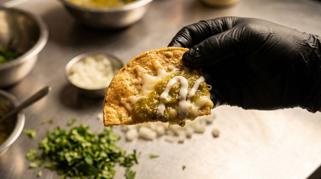 Chef comprobando la resistencia de un totopo artesanal grueso en salsa, demostrando la calidad ideal para la venta de totopos al mayoreo.