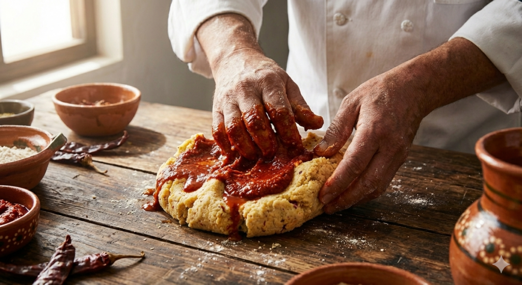 Chef profesional integrando adobo de chile en masa de maíz nixtamalizado Maly para preparar la receta de enchiladas potosinas en restaurante.